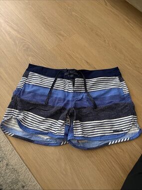 Patagonia Women’s  Navy and Blue Striped Athletic Swim Shorts